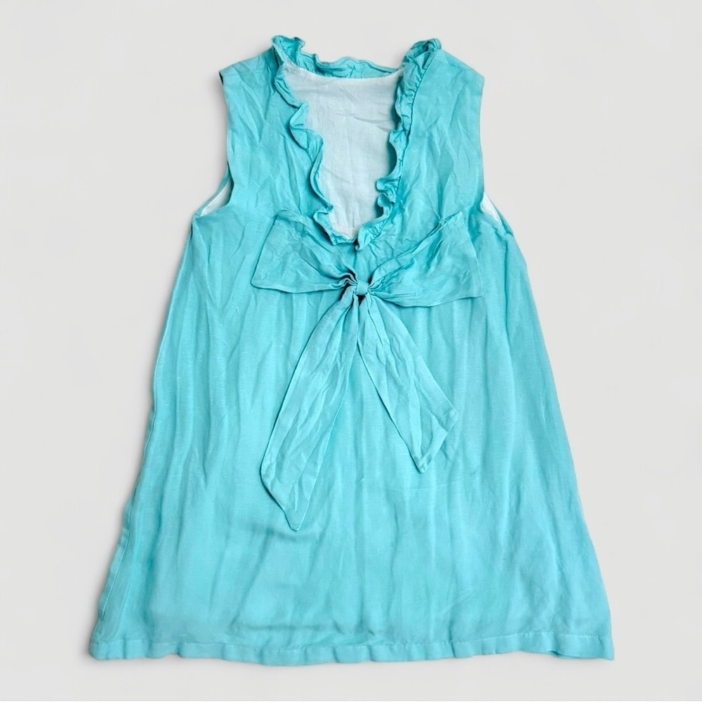 The Oaks Apparel Girls Size 8 Aqua Sleeveless Ruffle Dress with Bow in the Back